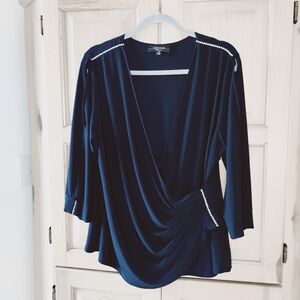 R&M Richards Deep Blue Draped Women's Rhinestone Embellished Top